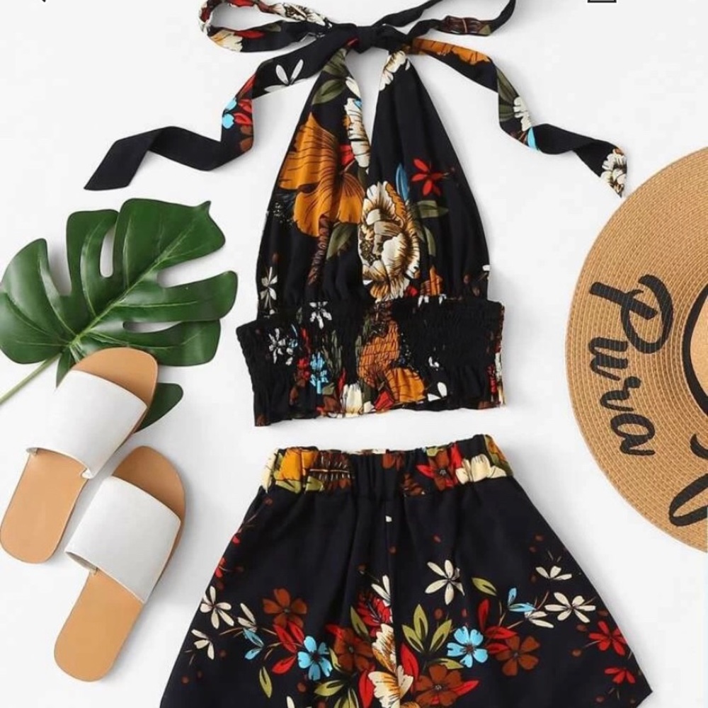 NEW SHEIN Floral Print Smocked Halter Top & Shorts
